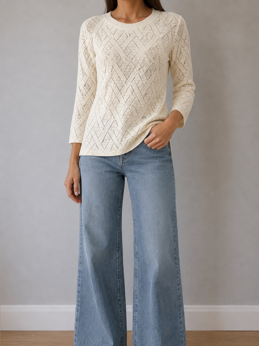 Petite Small Banana Republic Ivory Geometric Pointelle Open Knit Sweater
